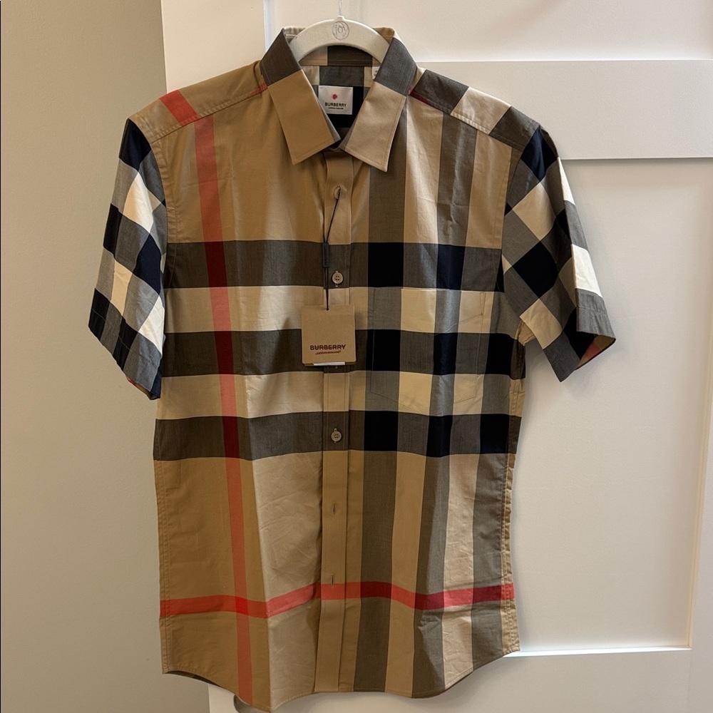 Burberry Men's Plaid Shirt - Tan, Black, and Red